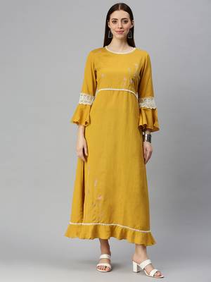 women's ankle length round neck mustard solid a-line kurta 2