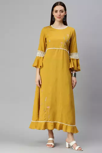 women's ankle length round neck mustard solid a-line kurta