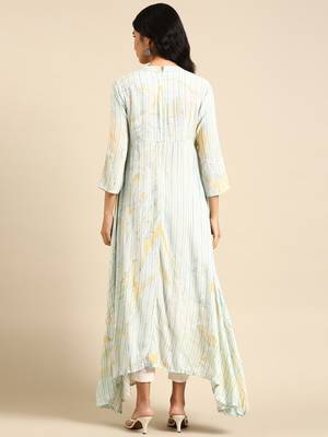 women's ankle length mandarin collar sea green abstract anarkali kurta 4