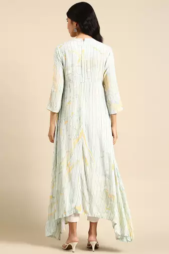 women's ankle length mandarin collar sea green abstract anarkali kurta