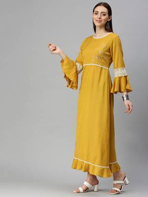 women's ankle length round neck mustard solid a-line kurta 3