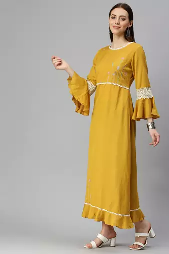 women's ankle length round neck mustard solid a-line kurta