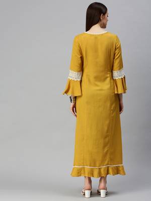 women's ankle length round neck mustard solid a-line kurta 4