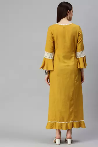 women's ankle length round neck mustard solid a-line kurta