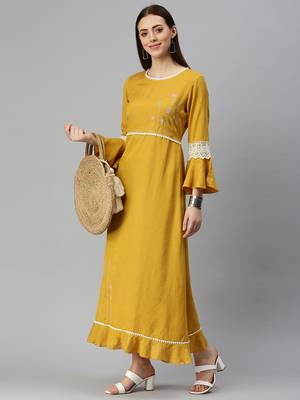 women's ankle length round neck mustard solid a-line kurta 5