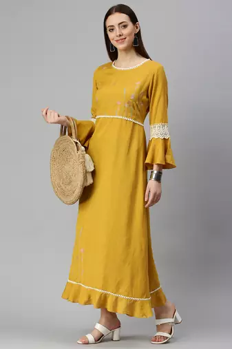 women's ankle length round neck mustard solid a-line kurta