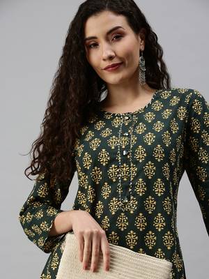 women's calf length round neck green ethnic motifs straight kurta 1