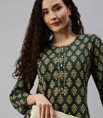 women's calf length round neck green ethnic motifs straight kurta