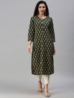 women's calf length round neck green ethnic motifs straight kurta 2