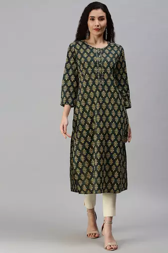 women's calf length round neck green ethnic motifs straight kurta