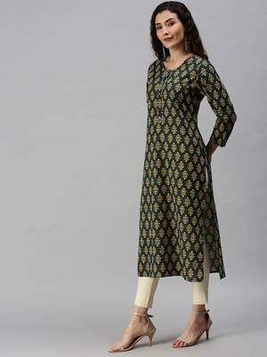 women's calf length round neck green ethnic motifs straight kurta 3