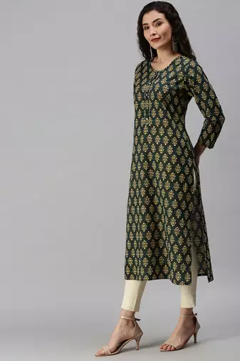 women's calf length round neck green ethnic motifs straight kurta
