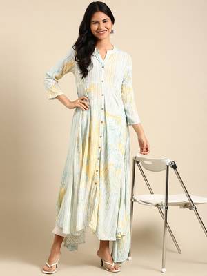 women's ankle length mandarin collar sea green abstract anarkali kurta 5