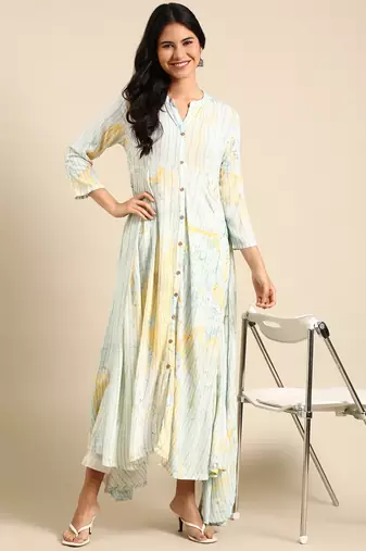 women's ankle length mandarin collar sea green abstract anarkali kurta