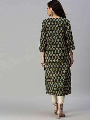 women's calf length round neck green ethnic motifs straight kurta 4