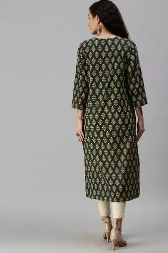 women's calf length round neck green ethnic motifs straight kurta