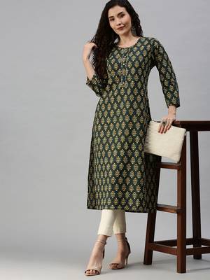 women's calf length round neck green ethnic motifs straight kurta 5