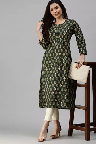 women's calf length round neck green ethnic motifs straight kurta