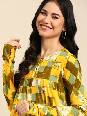 women's ankle length round neck yellow floral anarkali kurta 1
