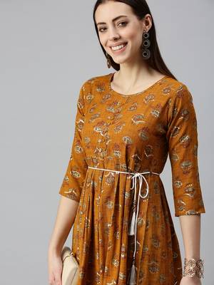 women's calf length round neck mustard floral a-line kurta 1