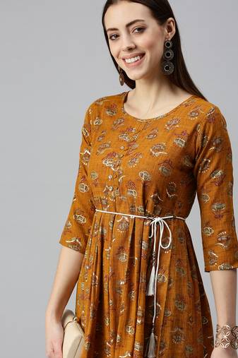 women's calf length round neck mustard floral a-line kurta