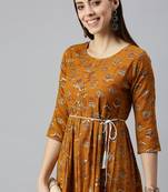 women's calf length round neck mustard floral a-line kurta