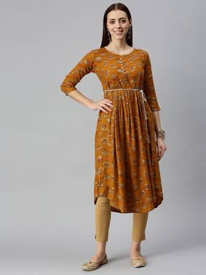 women's calf length round neck mustard floral a-line kurta 2