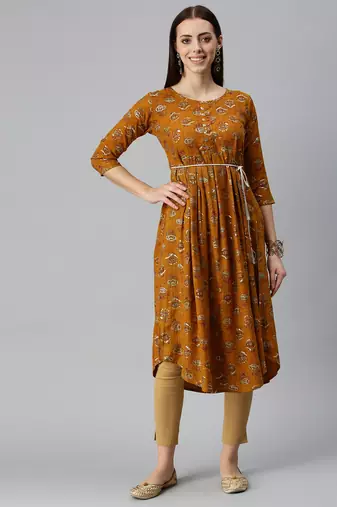 women's calf length round neck mustard floral a-line kurta