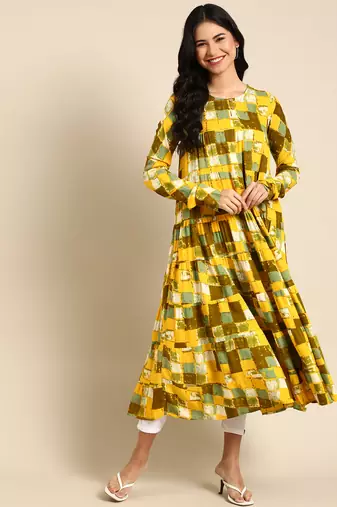 women's ankle length round neck yellow floral anarkali kurta