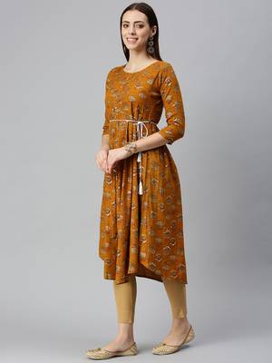 women's calf length round neck mustard floral a-line kurta 3