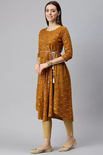 women's calf length round neck mustard floral a-line kurta