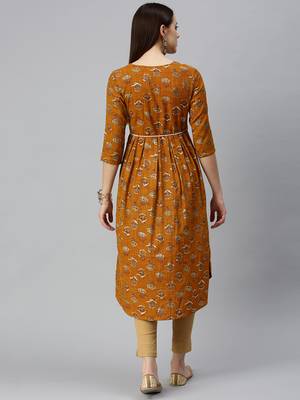 women's calf length round neck mustard floral a-line kurta 4