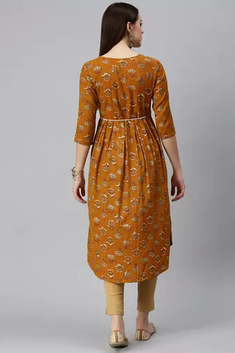 women's calf length round neck mustard floral a-line kurta