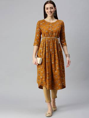 women's calf length round neck mustard floral a-line kurta 5
