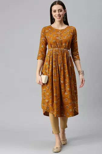 women's calf length round neck mustard floral a-line kurta