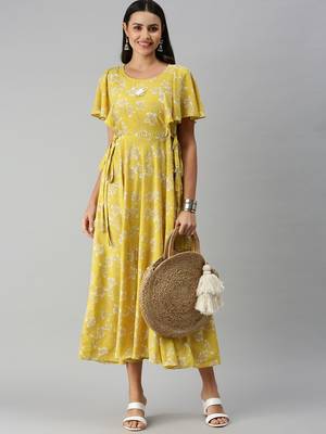 women's ankle length round neck yellow floral a-line kurta 1