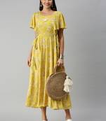 women's ankle length round neck yellow floral a-line kurta