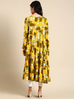 women's ankle length round neck yellow floral anarkali kurta 4