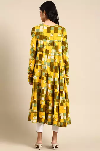 women's ankle length round neck yellow floral anarkali kurta
