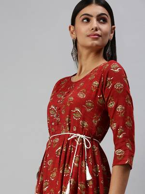women's calf length round neck red floral a-line kurta 1