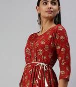 women's calf length round neck red floral a-line kurta