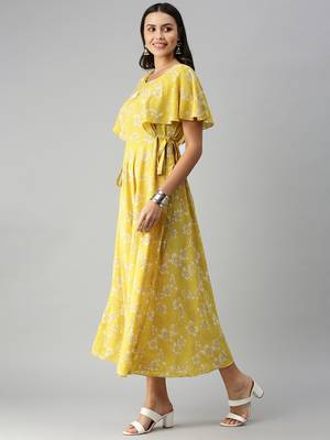 women's ankle length round neck yellow floral a-line kurta 2