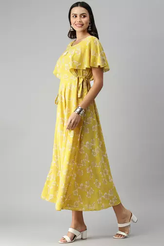 women's ankle length round neck yellow floral a-line kurta
