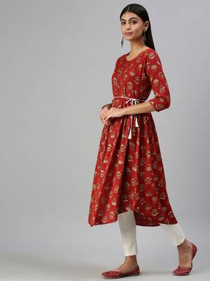 women's calf length round neck red floral a-line kurta 2