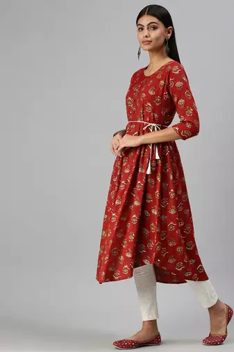 women's calf length round neck red floral a-line kurta