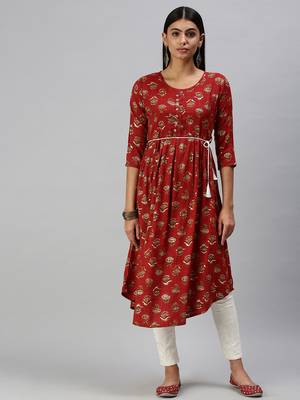 women's calf length round neck red floral a-line kurta 3