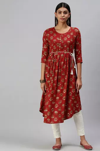 women's calf length round neck red floral a-line kurta