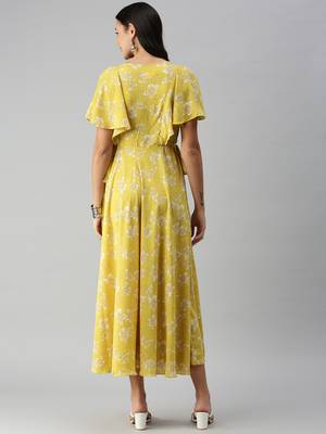 women's ankle length round neck yellow floral a-line kurta 3