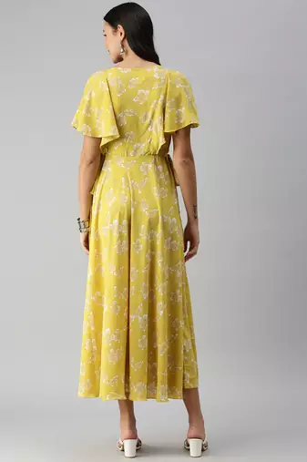 women's ankle length round neck yellow floral a-line kurta