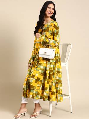 women's ankle length round neck yellow floral anarkali kurta 5